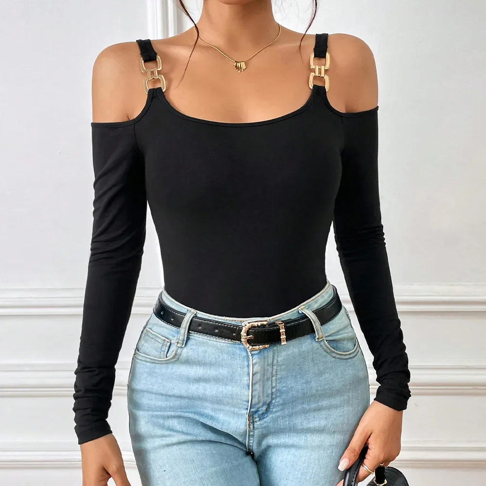 

Women's T-shirt 2024 Autumn/Winter Metal Hook Long Sleeve Vest Thread Knit Slim Solid Color Temperament Crop Top Puss Sexy Y2k