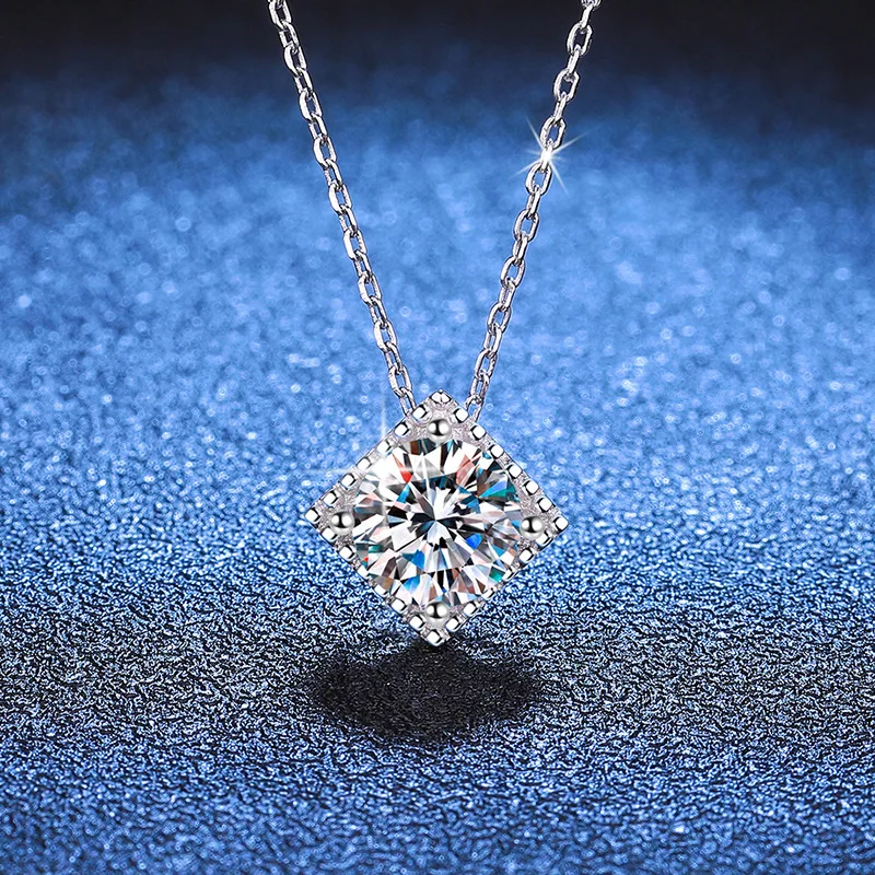 D color moissanite pendant sugar cube 1 carat 2 carat pendant necklace moissanite silver necklace platinum PT950 mark