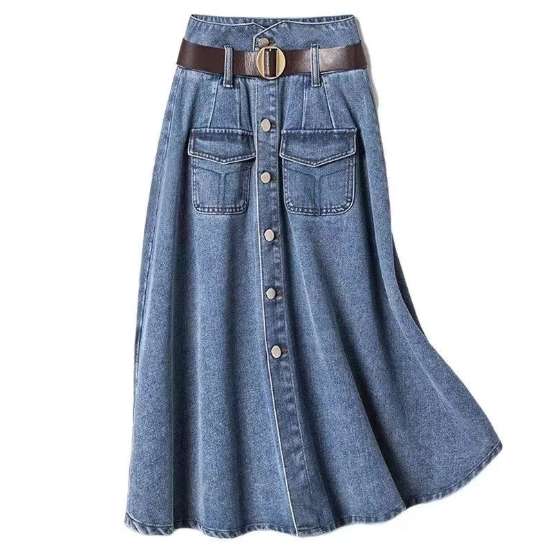 

Summer New Korean Mid Length Denim Skirt with Belt Fashion Retro Spliced Elegant Daily Casual StreetWear Loose Denim Half Skirt
