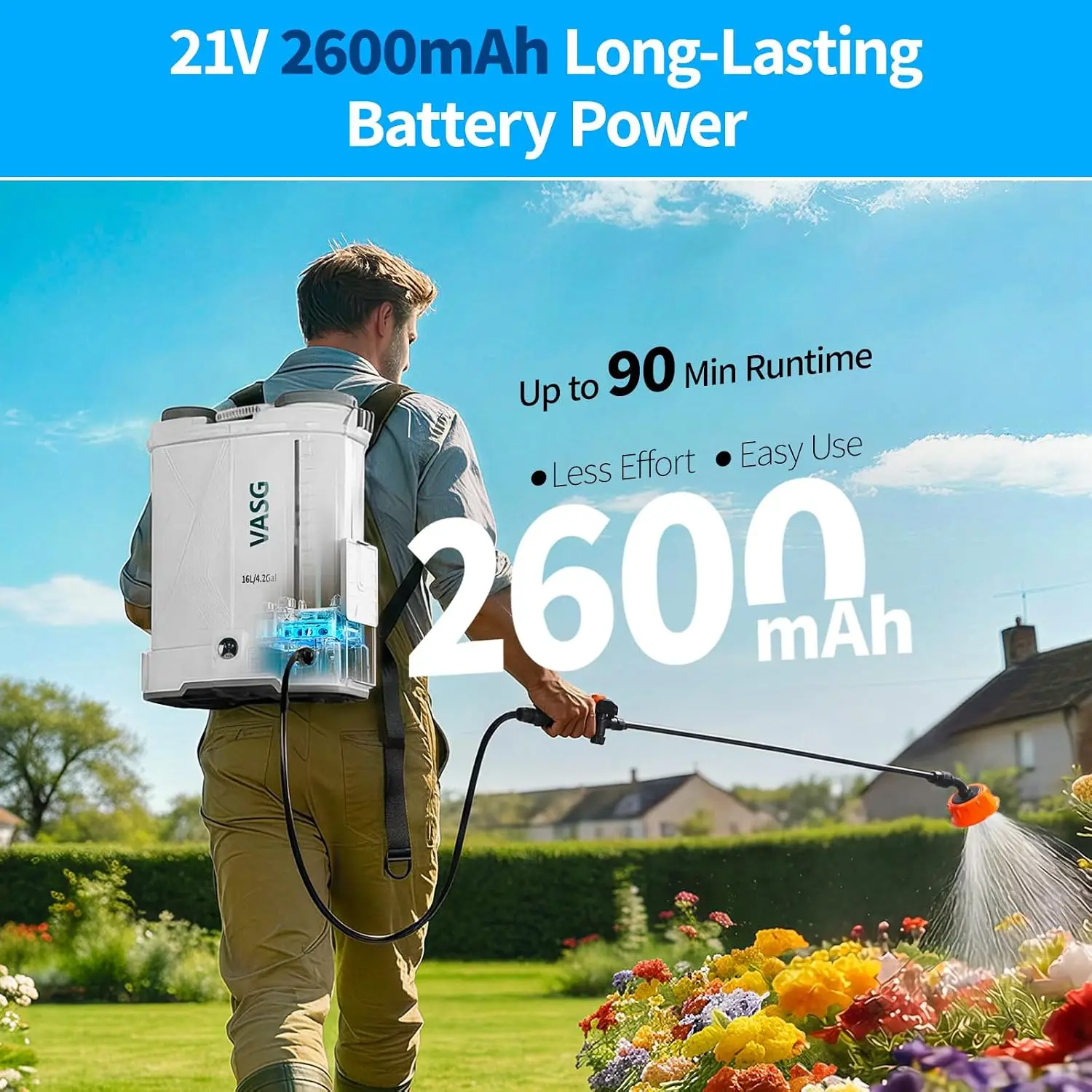 Battery Powered Backpack Sprayer Four Gallon 21V 2.6Ah Electric Weed Pump Sprayer Six Nozzles Telescopic Wand Stainless Steel Pl