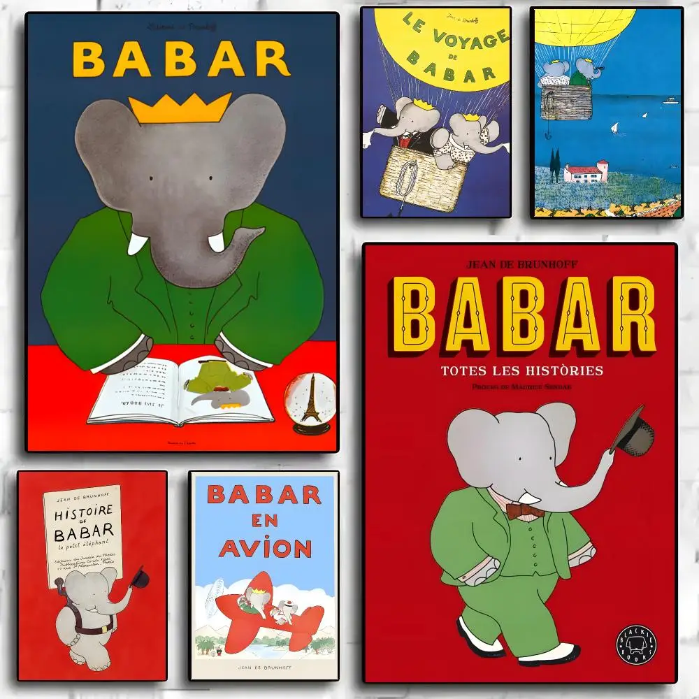 B-Babar Elefanten-Poster, Wasserfester Wandaufkleber für Wohnzimmer, Schlafzimmer, Bar, Vintage-Dekor, Hochwertiger Druck, Geschenk