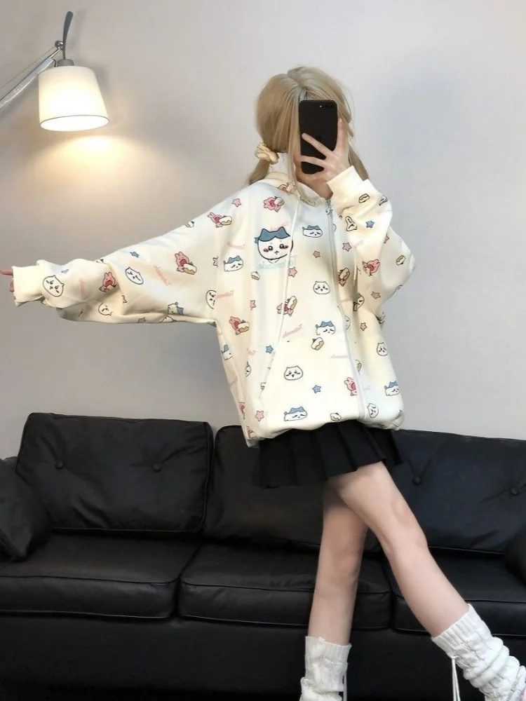 HOUZHOU-Sudadera con capucha Y2k Harajuku Kawaii para mujer, suéter de gran tamaño con cremallera y estampado de dibujos animados, estilo japonés,