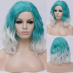 VICWIG Woman Two Tone Short Synthetic Wigs Gradient White Blue Wavy Ombre Hair Wig for White Women Cosplay Bob Middle Part Line