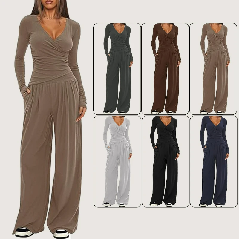 Pant Sets Women Two Piece Set Wide Leg Pants Solid Pockets Casual Slim Fit V Neck Tops Long Sleeve Top Suits Sporty Autumn 2026