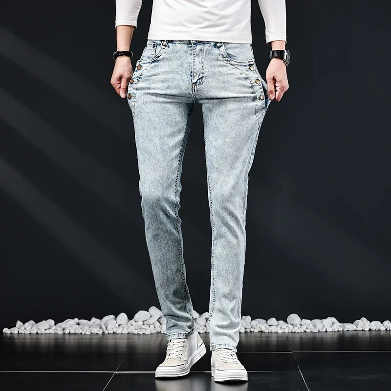 Slim Skinny Jeans Men New Elastic Korean Design Fashion Multi-Button Blue White Vintage Wash Cotton Stretch Denim Pants Trousers