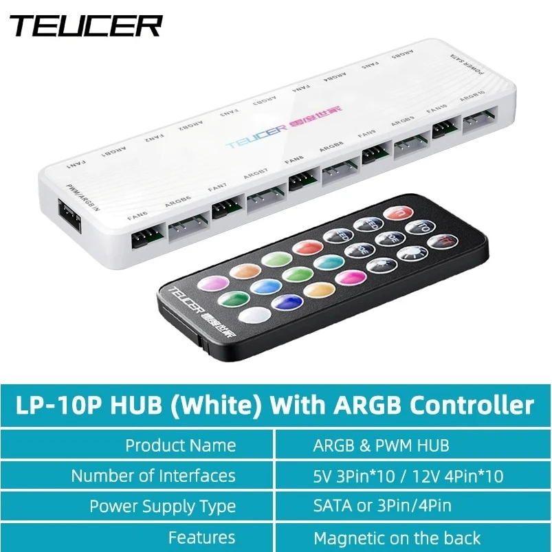 TEUCER LP-10 ARGB/PWM HUB مع وحدة تحكم ARGB 2 في 1 محول محور المروحة