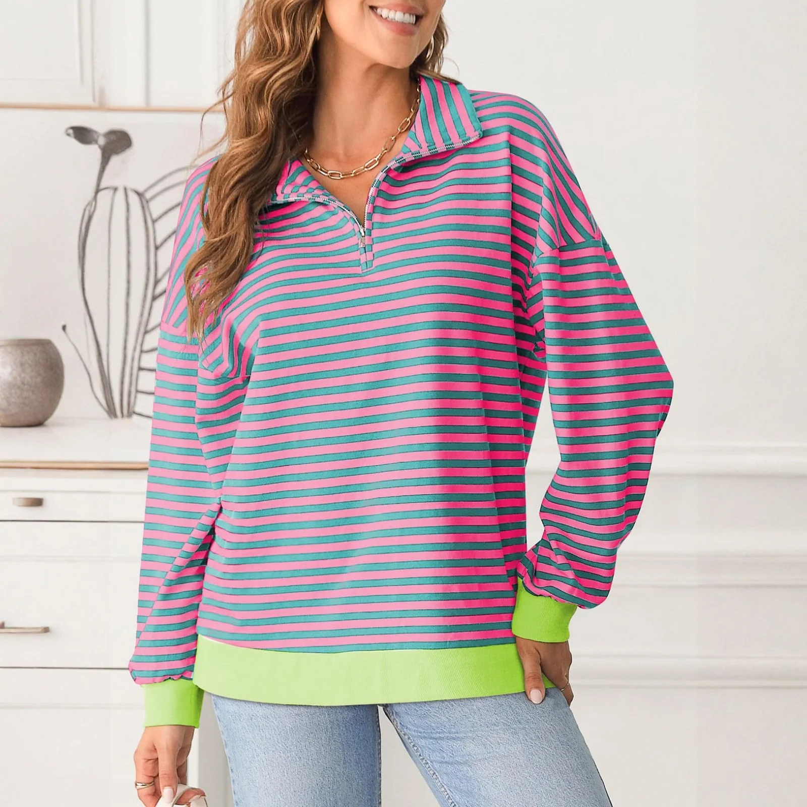 Damska modna bluza sportowa z długim rękawem, w paski, z klapami, wkładana przez głowę, odzież damska, ubrania zimowe dla kobiet.