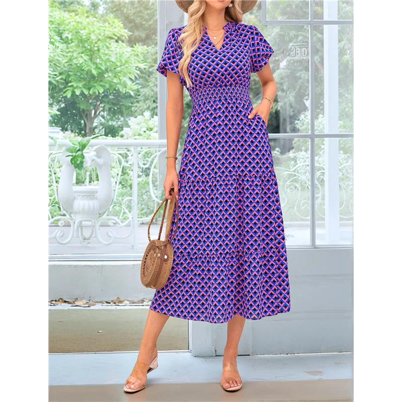 【SEE】Letnie sukienki maxi dla kobiet 2025 Casual V Neck Puff Short Sleeve Smocked Flowy Beach Boho Long Floral Dress