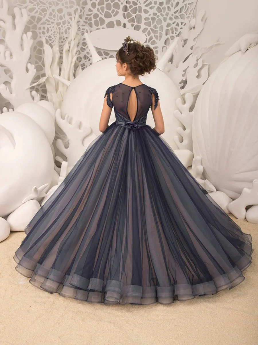 Customized Deep Blue Flower Girl Dresses For Wedding Crystal Pleat Ball Gown First Communion Dress for Kids Pageant Party 2024