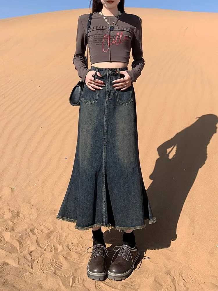 

Retro Faded Denim f Skirt Women's Long Skirt Spring Summer New Sle High Waist Fi Tail Skirt with Frayed Hemline