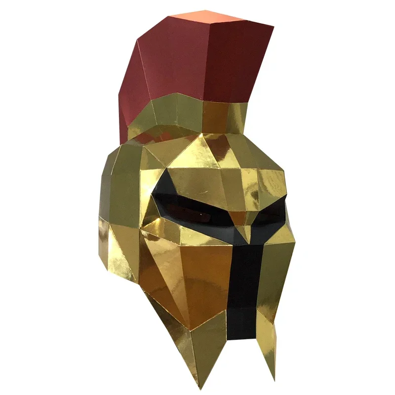 Modello di carta maschera per casco guerriero spartano dorato, dimensioni ridotte, cosplay per feste in costume 3D Papercraft, artigianato fai da te fatto a mano RTY149