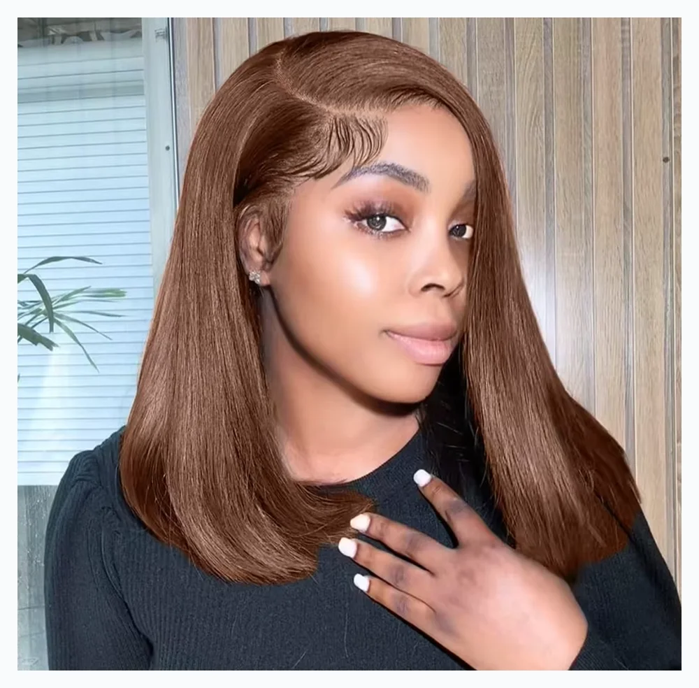 

#4 Chocolate Brown Color Short Bob Wig Peruvian Remy Human Hair Wigs 200% Density 13x4 Transparent Lace Frontal Wigs For Women