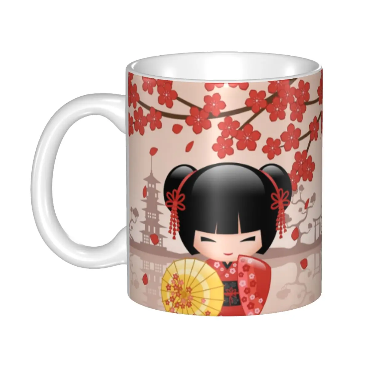 Custom Customized Kokeshi Doll Mug DIY Japanese Sakura Cherry Blossom Ceramic Tea Milk Coffee Cup