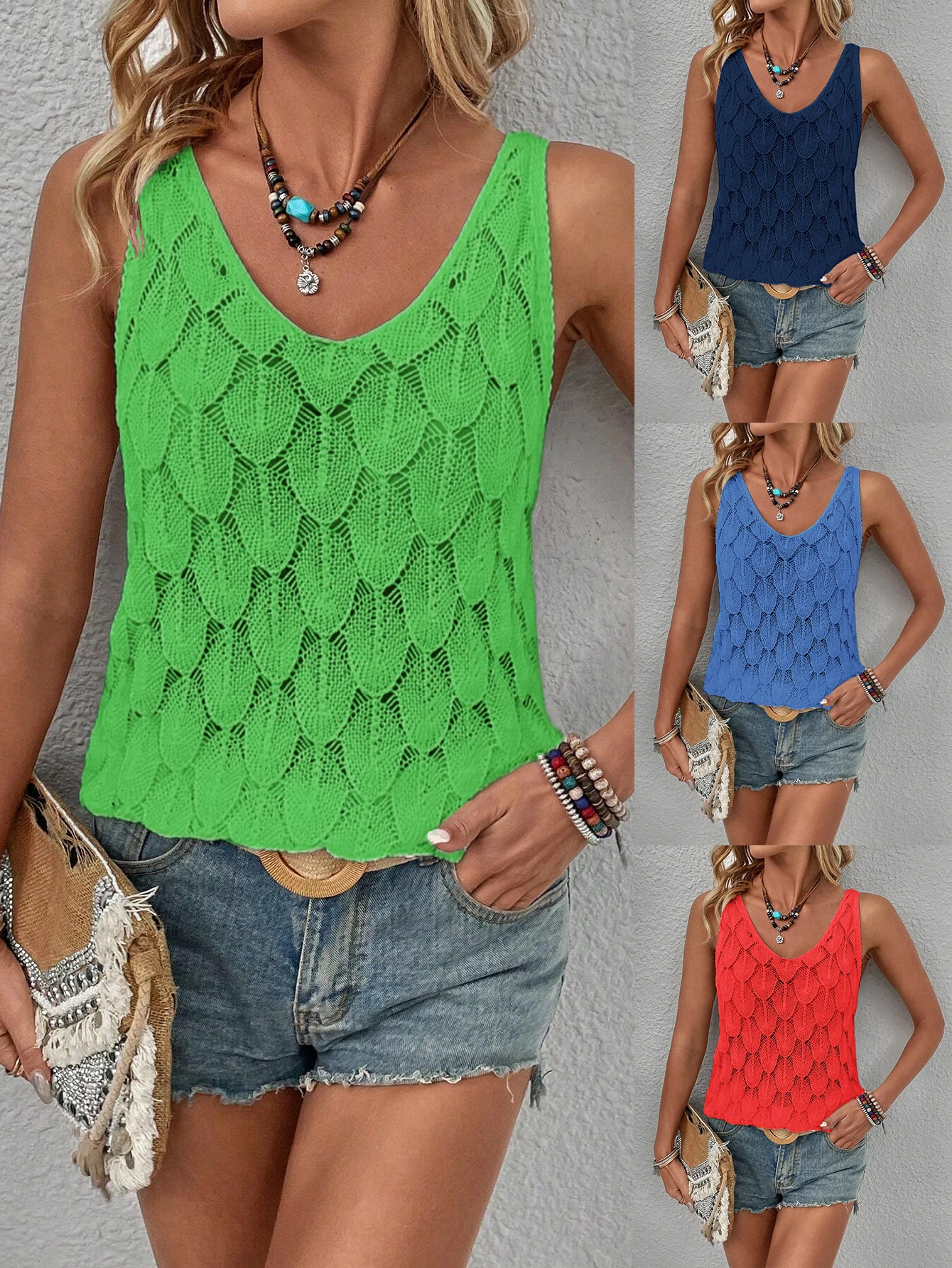 Nouvelle Collection éTé 2026, Gilet Tricoté Sans Manches Ajouré à Motif éCailles De Poisson, Respirant, DéContracté Et Ample Pour Femme, IdéAl Pour Les Vacances à La Plage-image