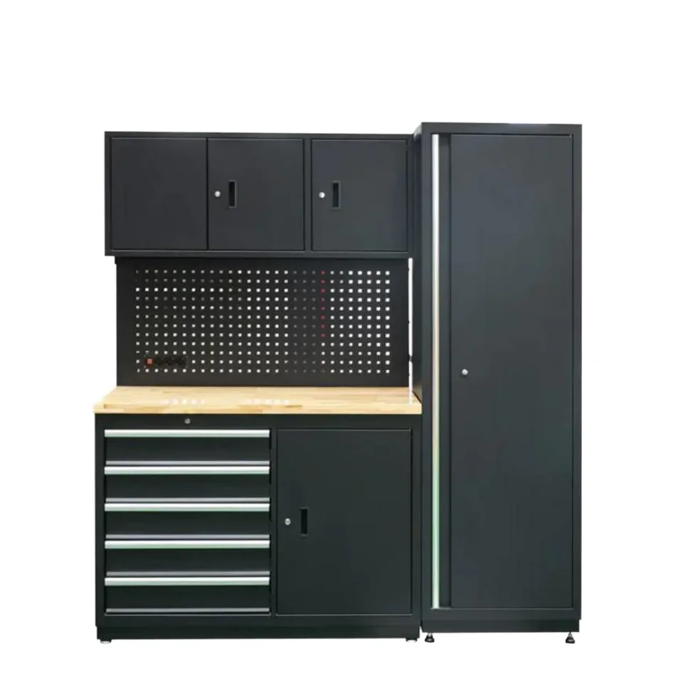 

Multifunctional Black Iron Workbench Tool Chest & Cabinet Combination with Wooden Top & Hanging Drawers for Workshop Factory Use