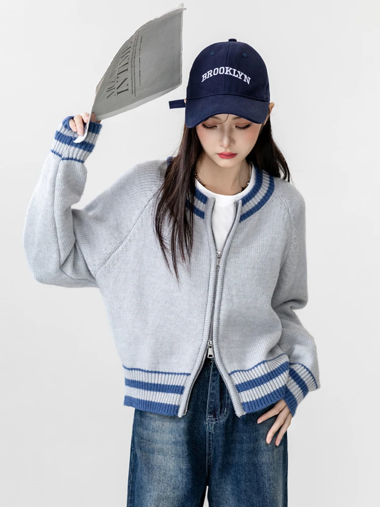 Zoki Vintage Striped Cardigan Sweaters Women Casual Loose Knitted Baseball Jackets Fall Preppy Style Lady Double Zipper Tops New