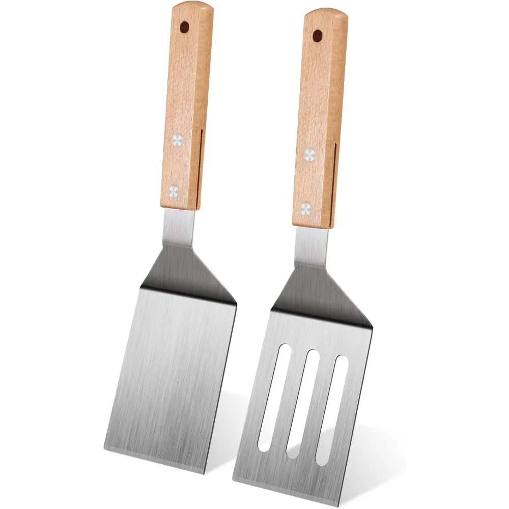 Juego de 2 espátulas profesionales de acero inoxidable, espátula y volteador de metal resistentes para cocinar, perfectos para sartenes de hierro fundido, planchas, sartenes antiadherentes, ideales para voltear panqueques, hamburguesas, huevos, preparar postres, barbacoa.