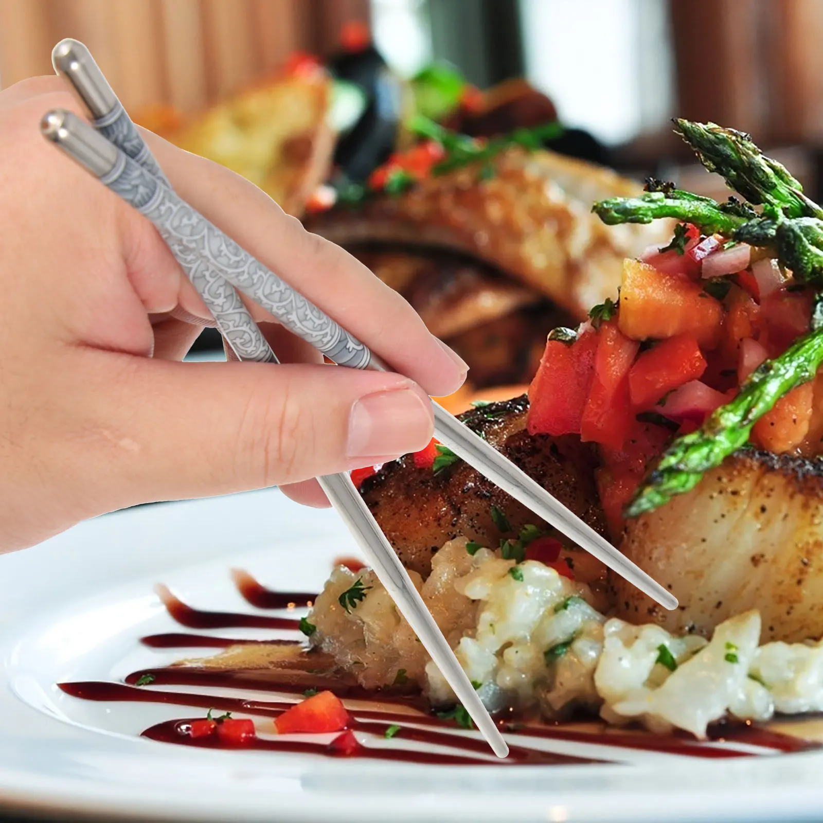 

10 Pairs Blue White Porcelain Printed Stainless Steel Chopsticks Reusable Kitchen Dining Tableware Non Slip Fine Grip