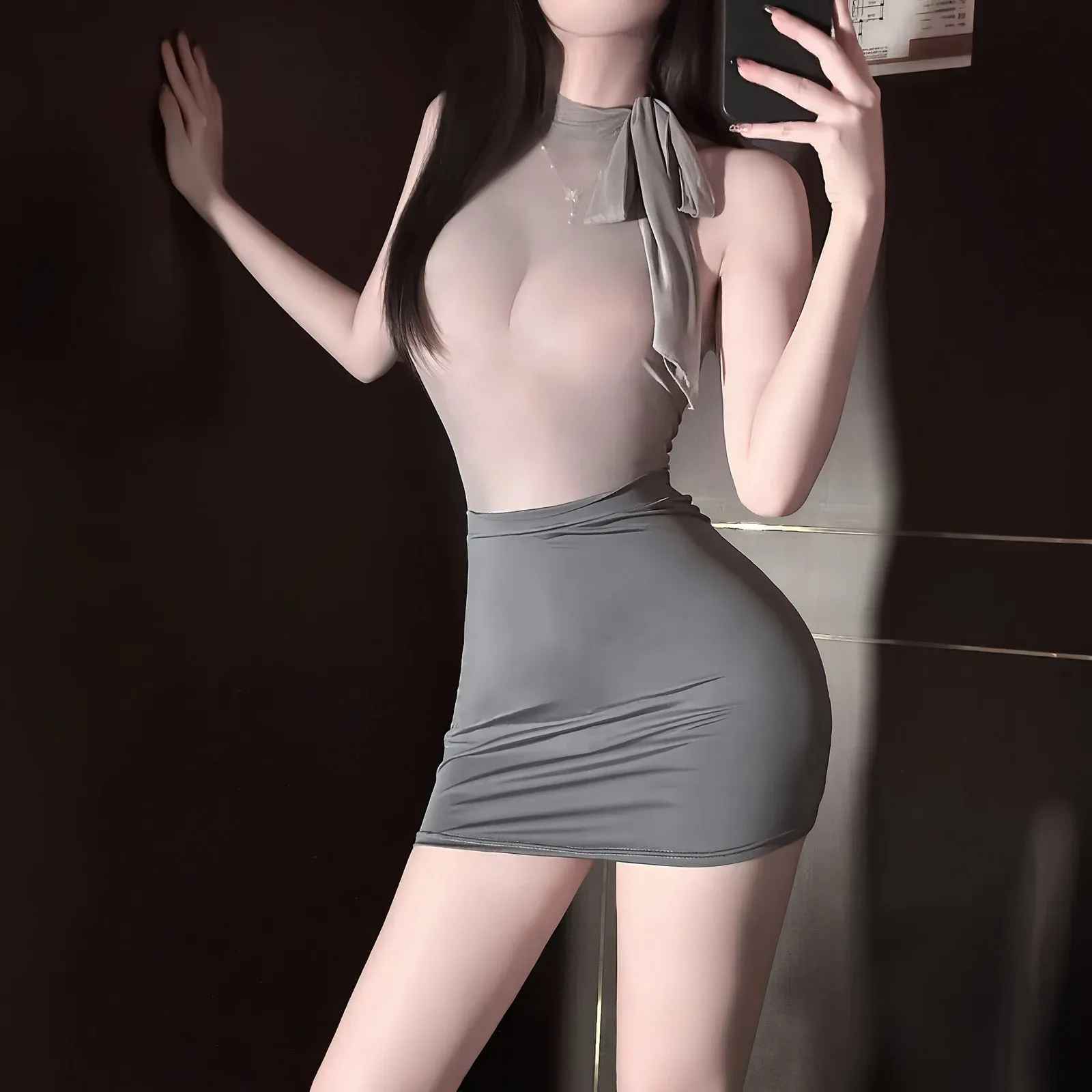 Sexy Secretary Skirt Sets Hollow Out Uniform Lace Pure Desire Skirt Sets Hanging Neck Off-the-shoulder Backless Sleeveless 1QBN view 4