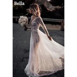 Bella White Glitter Prom Dresses V-neck A-line Wedding Dress Customized Long Sleeves Floor-Length Backless Vestidos De Fiesta