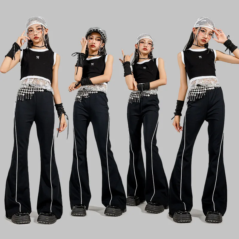 

Kid Kpop Hip Hop Clothing Black Lace Hem Crop Tank Top Casual Slim Stripe Flare Sweat Pants for Girl Dance Wear Costumes Clothes