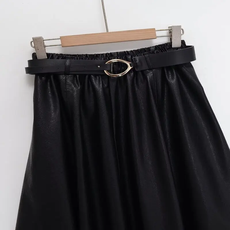 Winter Nieuwe Collectie Vrouwen Lederen Effect Mantel Sle Midi Rok Met Riem Faionable Ci Pendelen A-lijn Loose Fit Rok