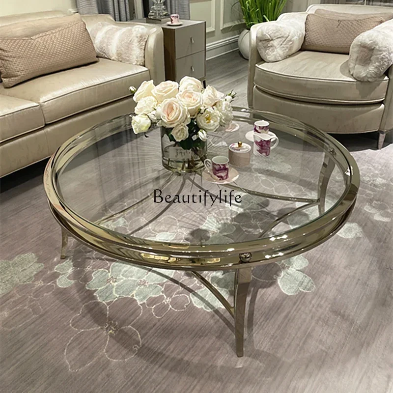 LS 04 طاولة قهوة أمريكية فاخرة خفيفة لغرفة المعيشة طاولة شاي مستديرة من الزجاج المقاوم للصدأ