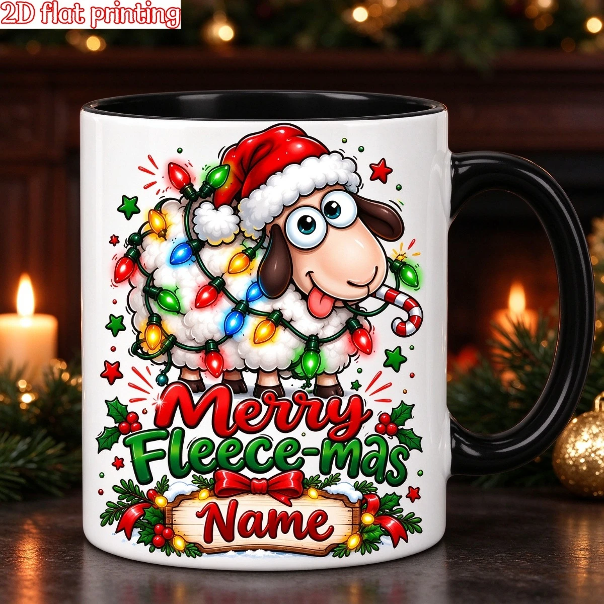 2D Flat Printing 1pc 11oz Custom Name Christmas Sheep Fairy Light Mug, Christmas Home Gift For Family, Hand Wash Only Microwave