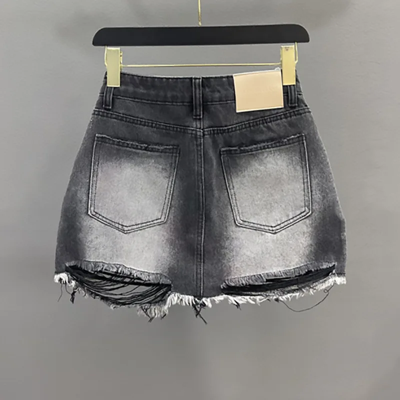 ANJY Spring Summer New Women Design Stylish Ripped Graffiti A-Line Denim Skirt Vintage Trendy Washed Bodycon Mini Skirts A24842