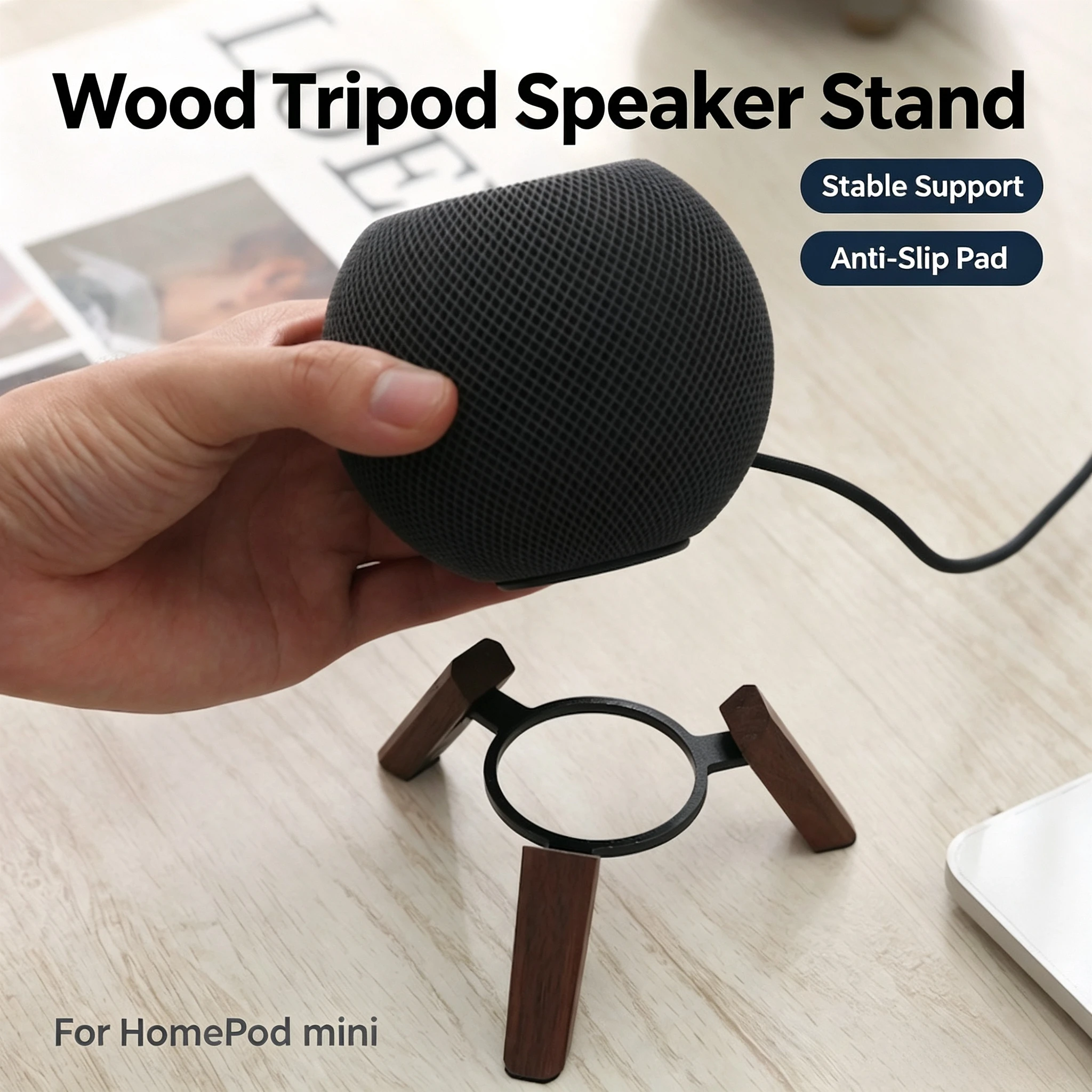 Wood Tripod Holder Wooden Stable Stand For Apple Homepod mini Home pod With Anti-Slip Silicone Pad Non-Slip Desktop Base