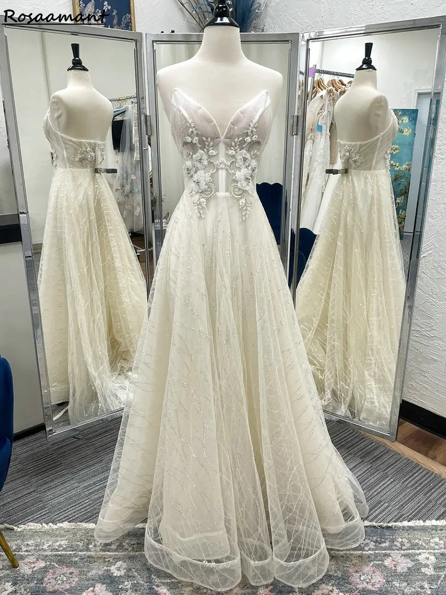 Abiti da sposa a trapezio senza spalline con illusione di cristallo con paillettes glitterate Abiti da sposa country in pizzo floreale 3D senza maniche