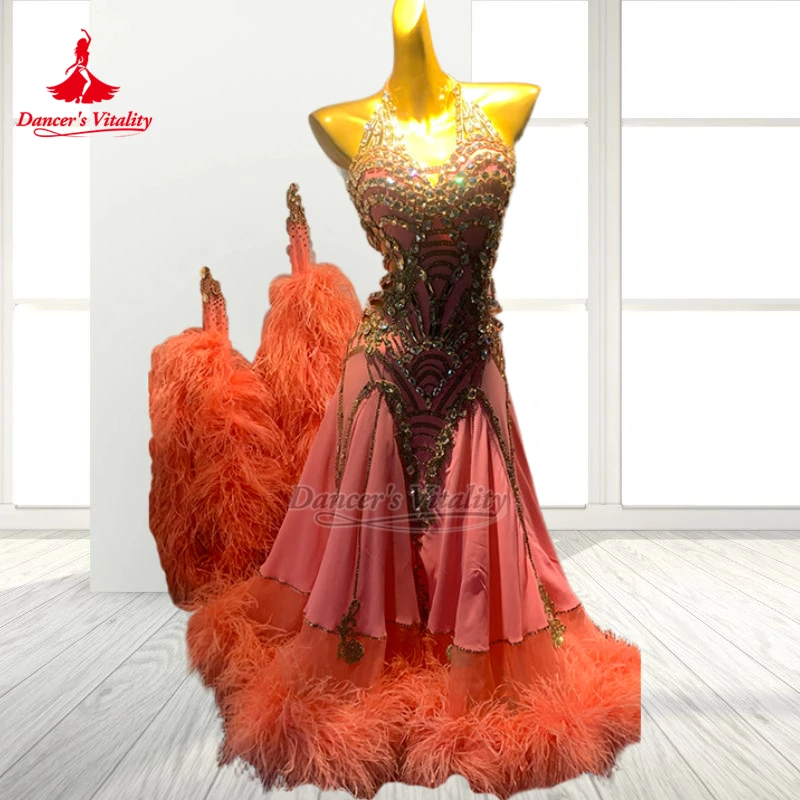 Feather Lower Hem Ballroom Wrapped Hips Dancing Dress Customized Adult&Teenagers Waltz Tango Contest Clothing Dancer's Vitality