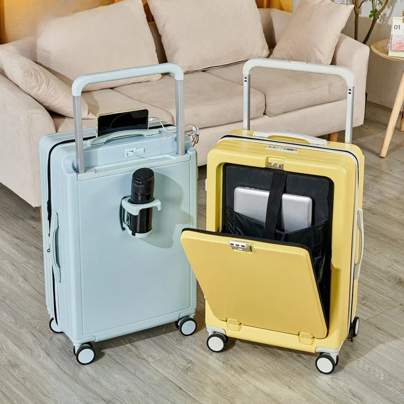 Multifunctional Suitcase Pop-up Front Opening Wide Trolley Case 20Inch Boarding Box with USB Port Water Cup Holder Lugg