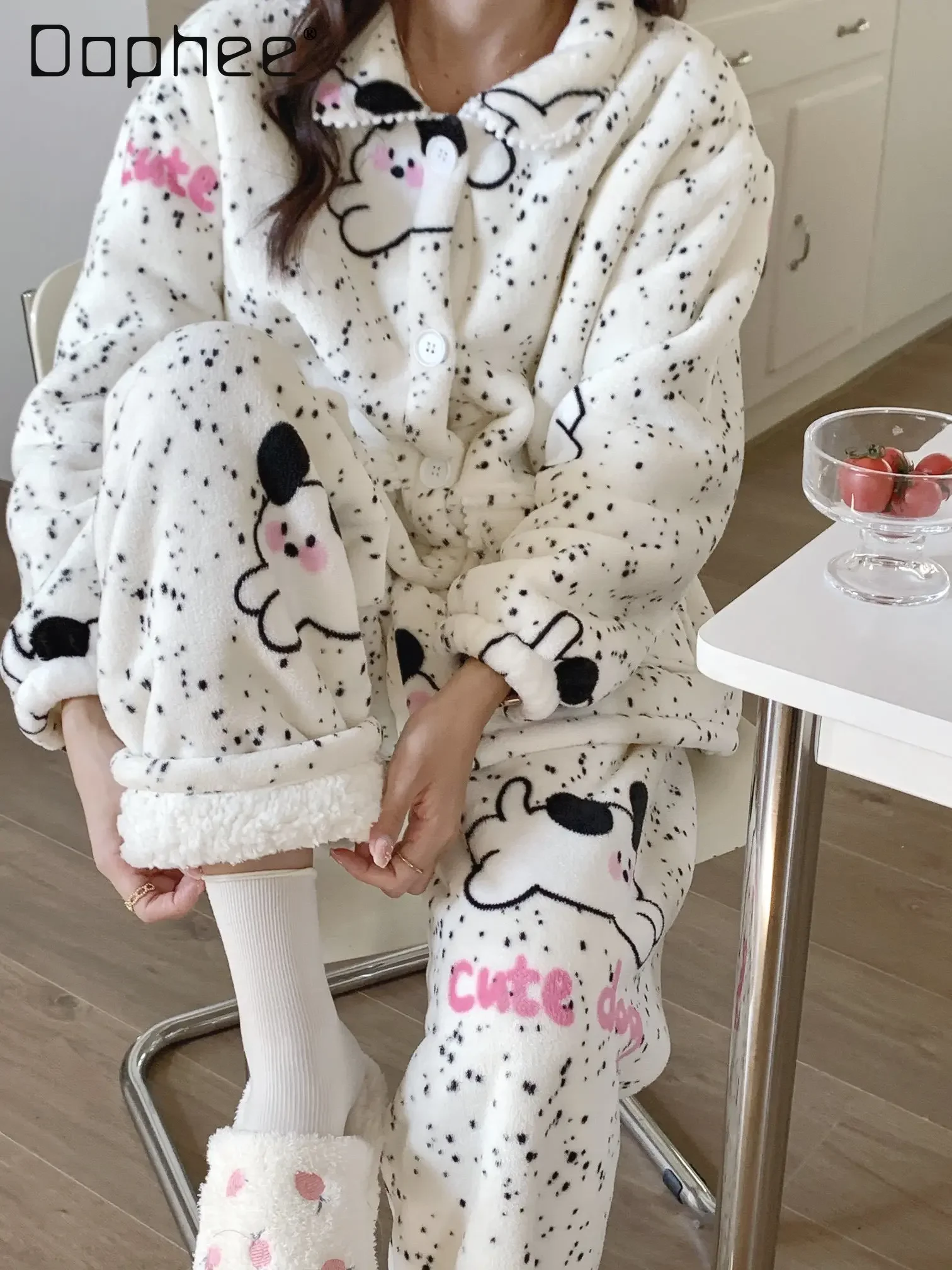 

Korean Winter Cartoon Flannel Pajamas Thick Cute Lapel Single Breasted Pockets Homewear Warm Soft Sleepwear Girls Pajama Sets