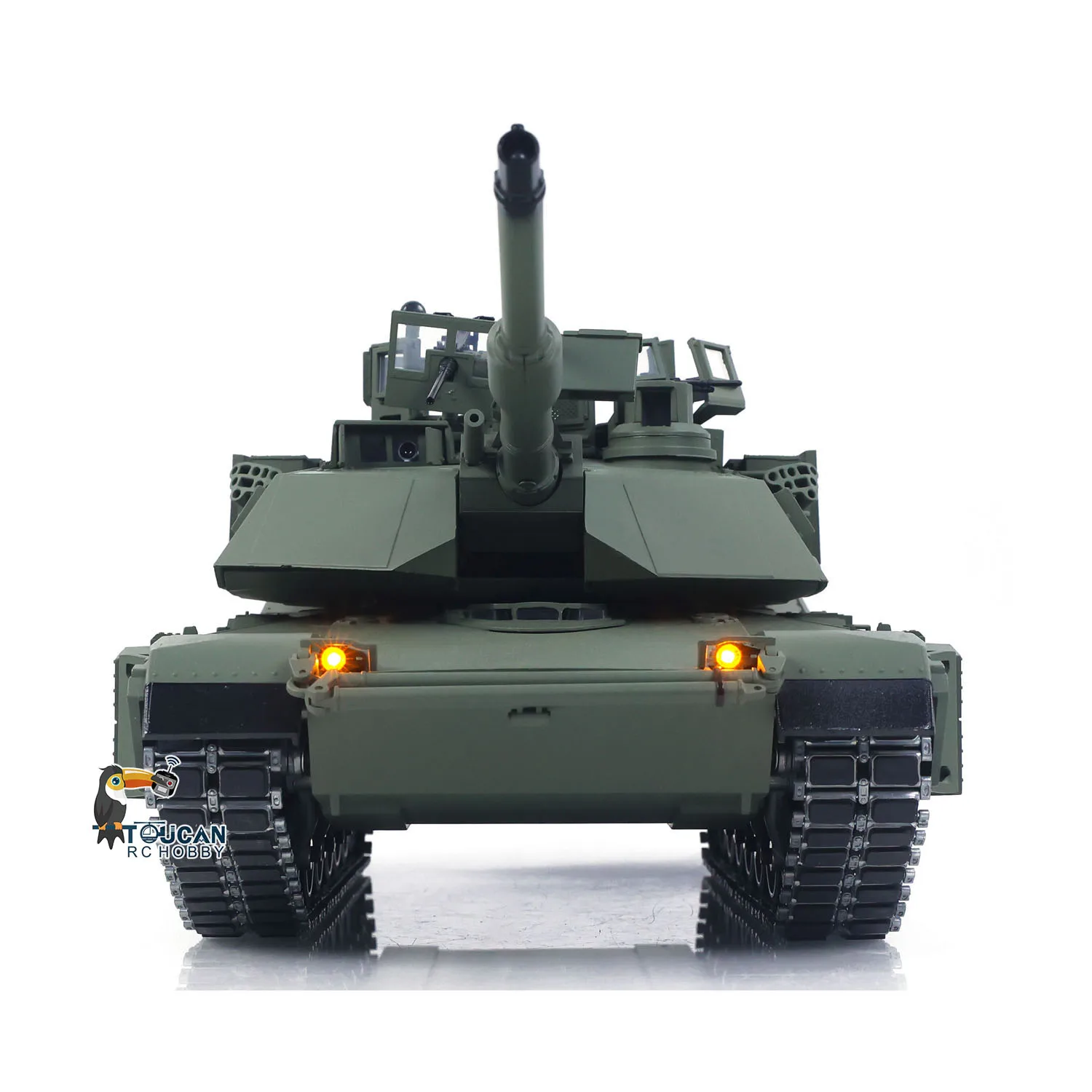 TUSK I TOUCAN 1:16 Metal M1A2 Abrams RC Tanque 360 Torreta Rotação IR Barril Elevação Recoil Unidades de Fumaça Dupla Periscópio Elétrico