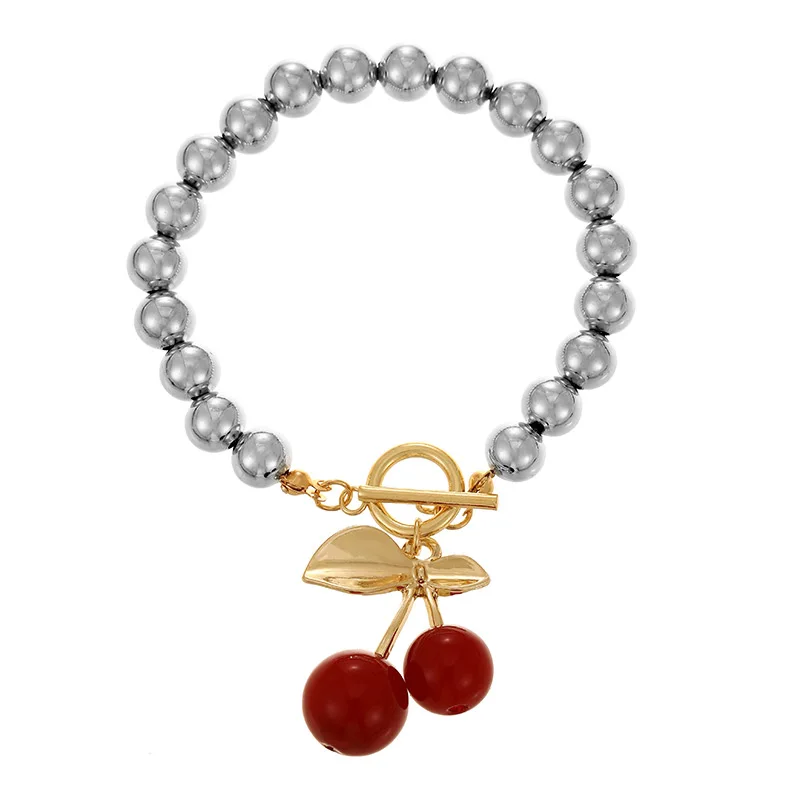 1pc Resin cherry OT buckle copper beaded bracelet, suitable for women\'s daily wear
