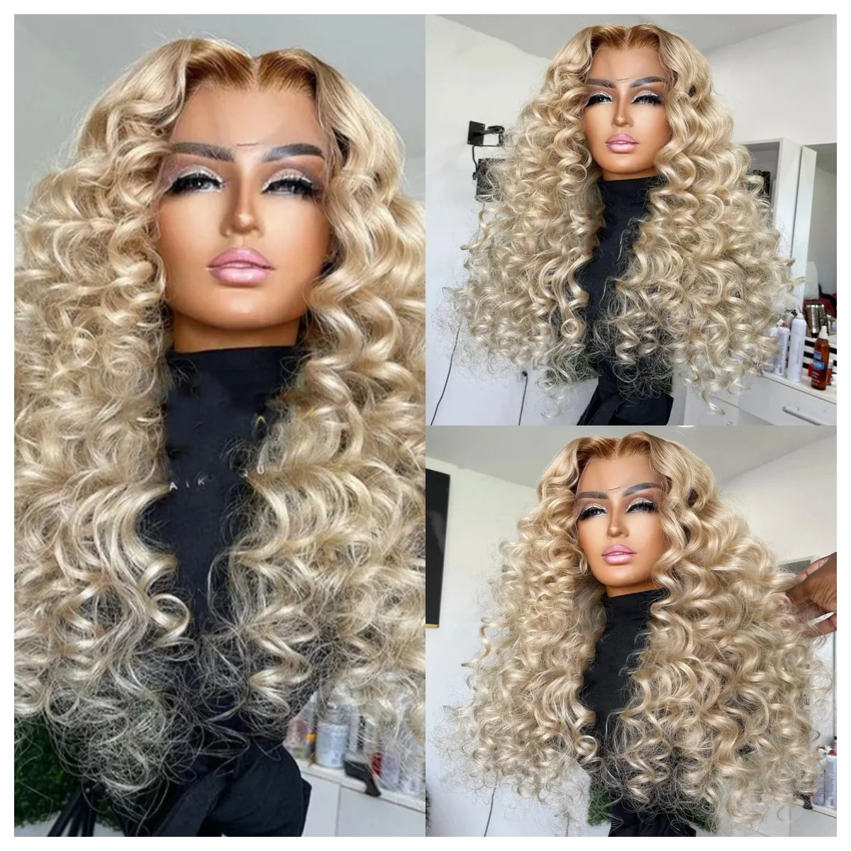 

Deep Wave 13x4 HD Lace Frontal Mix Human Hair Wig 26 Inches Curly Ash Blonde Dark Roots Water Wave Lace Front Wig For Women 180%