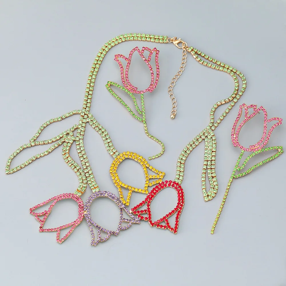 مجوهرات نسائية جذابة من حجر الراين ، قلادات سلسلة زهور ، أقراط مرصعة بالقرط ، جديدة