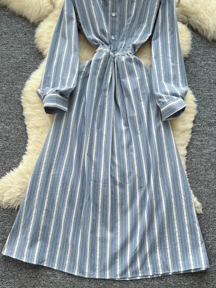 Sukienka damska w stylu francuskim w paski, nowa kolekcja 2025, sznurowana koszula z długim rękawem, sukienka midi, jesienna sukienka zapinana na jeden guzik, dopasowana.