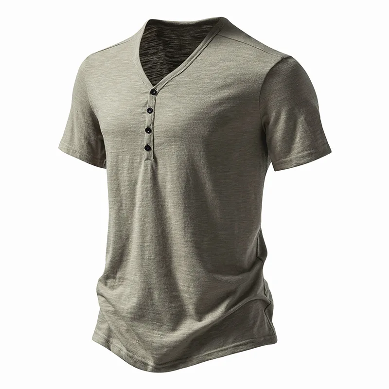 2026 Herren V-Ausschnitt Bambusfaser T-Shirt Mittelstreifen 4-Knopf Kurzarm Eng Anliegend Atmungsaktiv Lässig Sommer Alltags-Oberteil – Detail 34