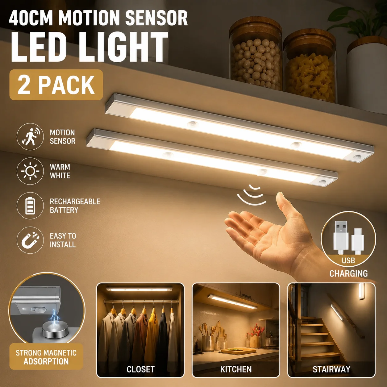 

2 Pack 40CM Motion Sensor LED Light Bar USB Rechargeable Under Cabinet Light Wireless Closet Light Magnetic Night Light for Kitchen Wardrobe Staircase Hallway Bedroom Motion Activated Lamp