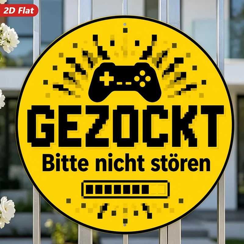 2D Flat, 1pc Gamer Quiet Zone Round Metal Sign Wall Art, Ideal for Living Room Dining Room, German Do Not Disturb Message, Black