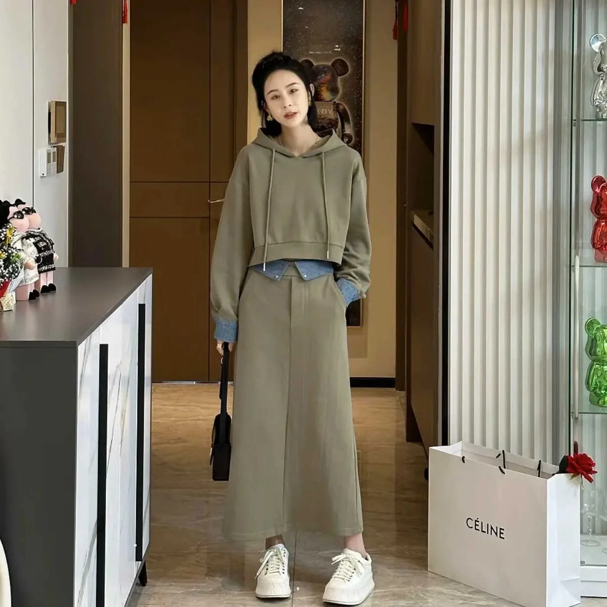 plus Size Fashionable Patchwork Hooded Set Women's Spring Autumn Slimming Color Block Sweatshirt Top Half Skirt Two Piece Set
