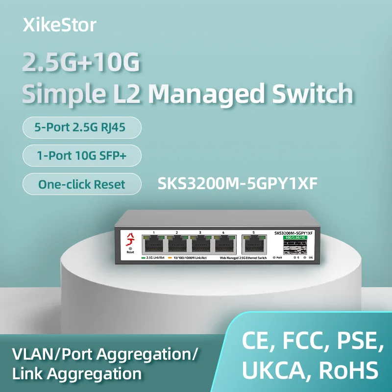 XikeStor 2.5G Simple L2 Managed 5-Port 2.5G RJ45 1-Port 10G SFP+ Ethernet Support VLAN/ Port Aggregation/ LACP