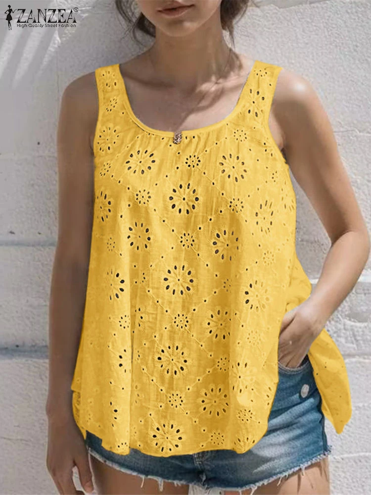 2024 ZANZEA Summer Lace Crochet Shirt Women Bohemain Holiday Blouse Casual O Neck Sleeveless Blusas Patchwork Beach Tops Tunic