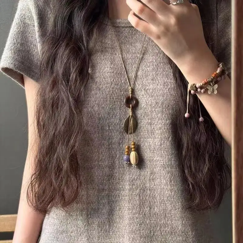 Böhmische lange Halskette mit Anhänger für Damen, runde, ovale Blatt-Perlenkette, Seilketten-Pulloverkette, geometrischer, trendiger Schmuck, Geschenkidee – Detail 5