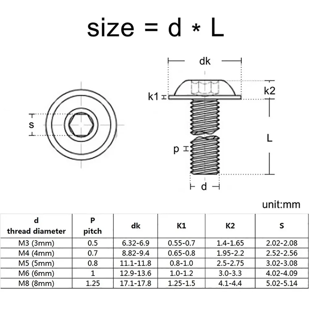 10pcs Black 304 Stainless Steel M3 M4 M5 M6 M8 M10 Hex Hexagon Socket Round Button Flange Head With Washer Collar Screw Bolt