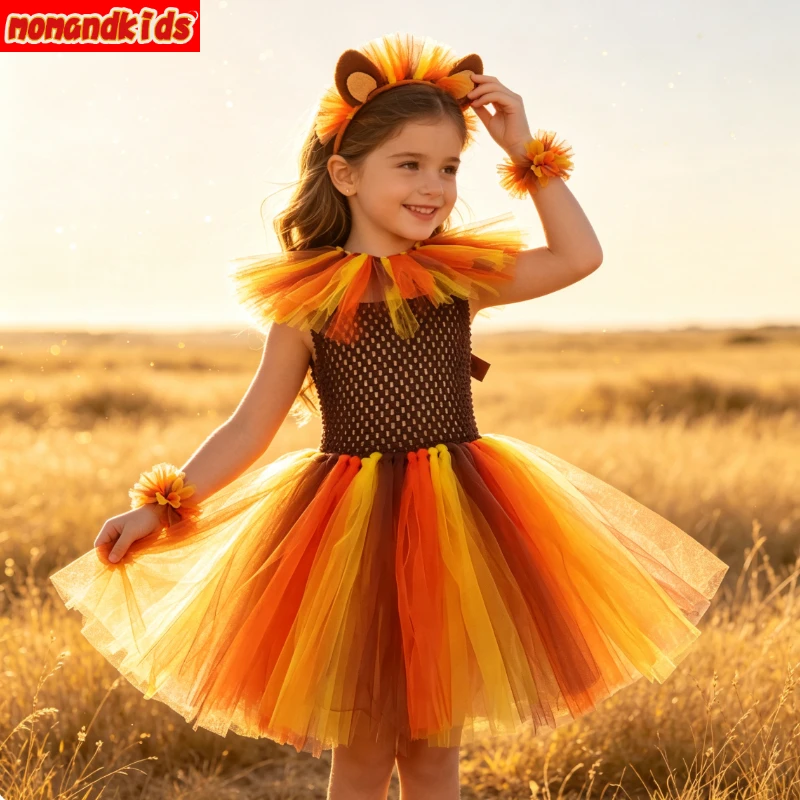 Jungle Wild Beast Tiered Tulle Tutu Gown Handcrafted Plush Mane Headwear Accessory Set for Safari Birthday Animal Cosplay Outfit