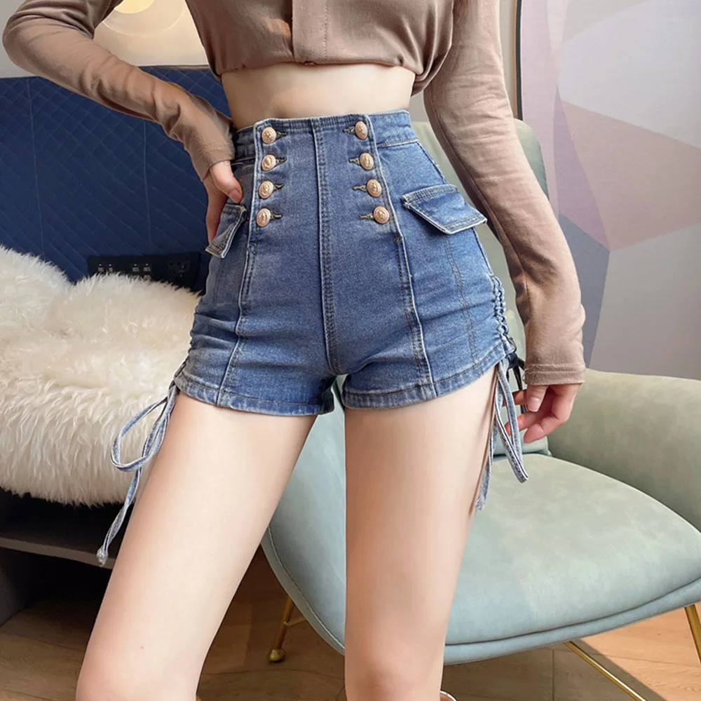 

Women Casual Double breasted Denim Shorts Gold Head Buttons Office Lady Shorts 2022 New Summer High Waist Blue Solid Femme