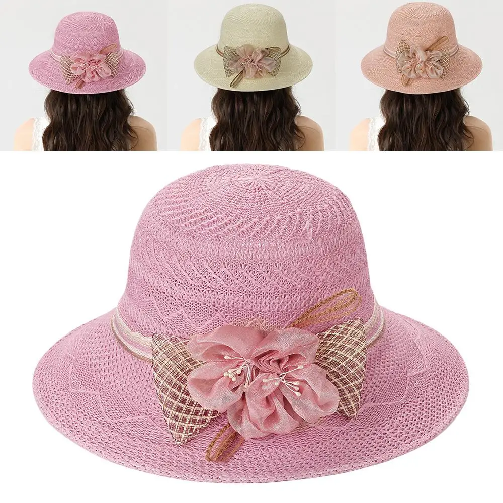 عادية الحلو دلو القبعات الصيف الشمس حماية قبعة قبعة للشاطئ القوس الزهور القش قبعة طوي في الهواء الطلق قبعات الشمس النساء واسعة حافة قبعة